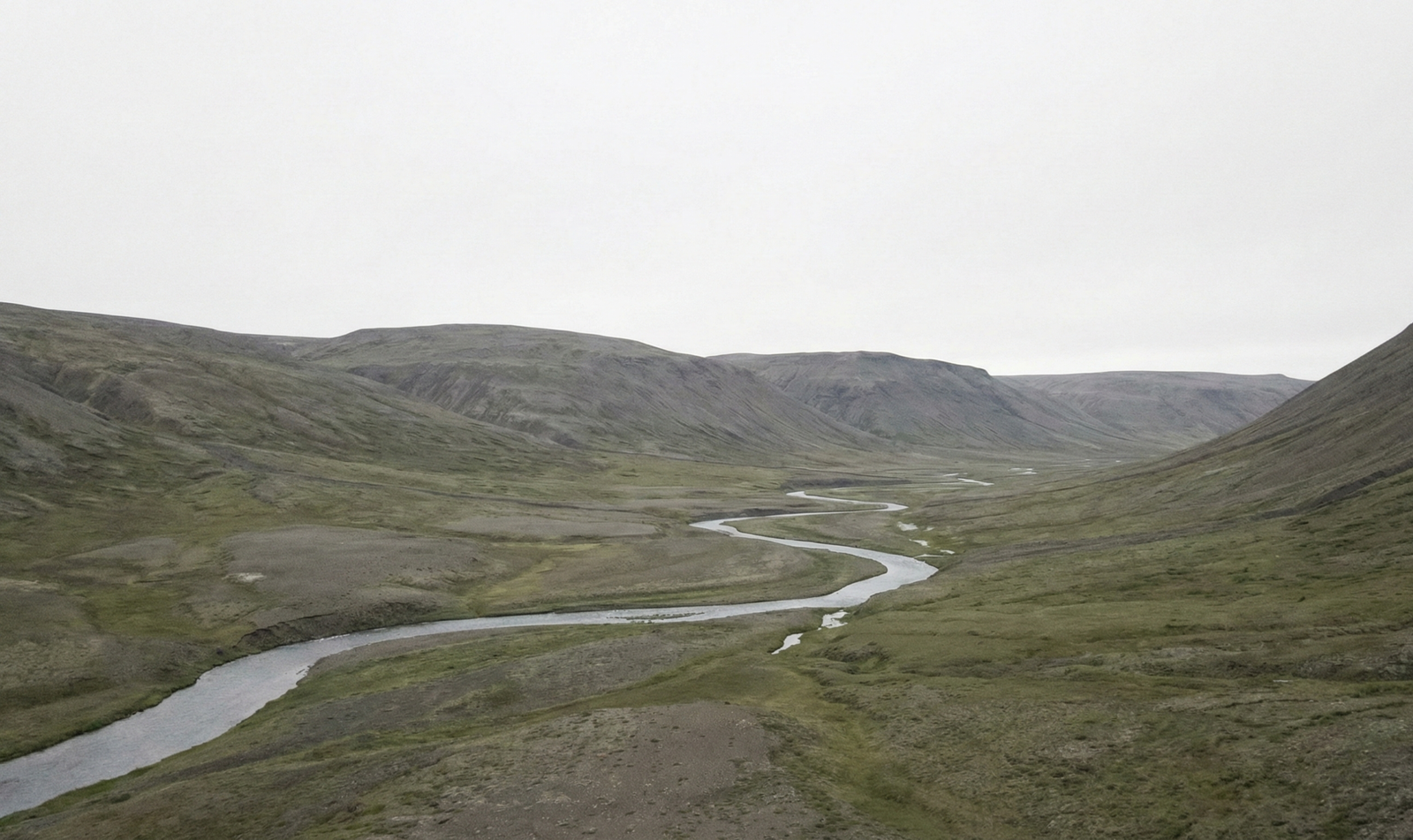 Raw unedited landscape photo of a river valley with flat lighting and cloudy sky, before applying Lightroom preset.